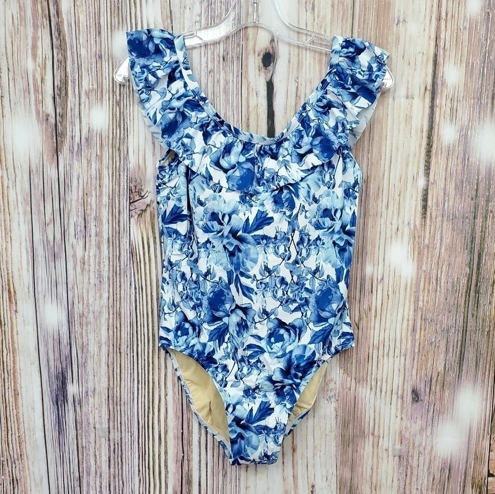𝅺G.I.L.I. Blue Floral Ruffle Top One Piece Swimsuit
